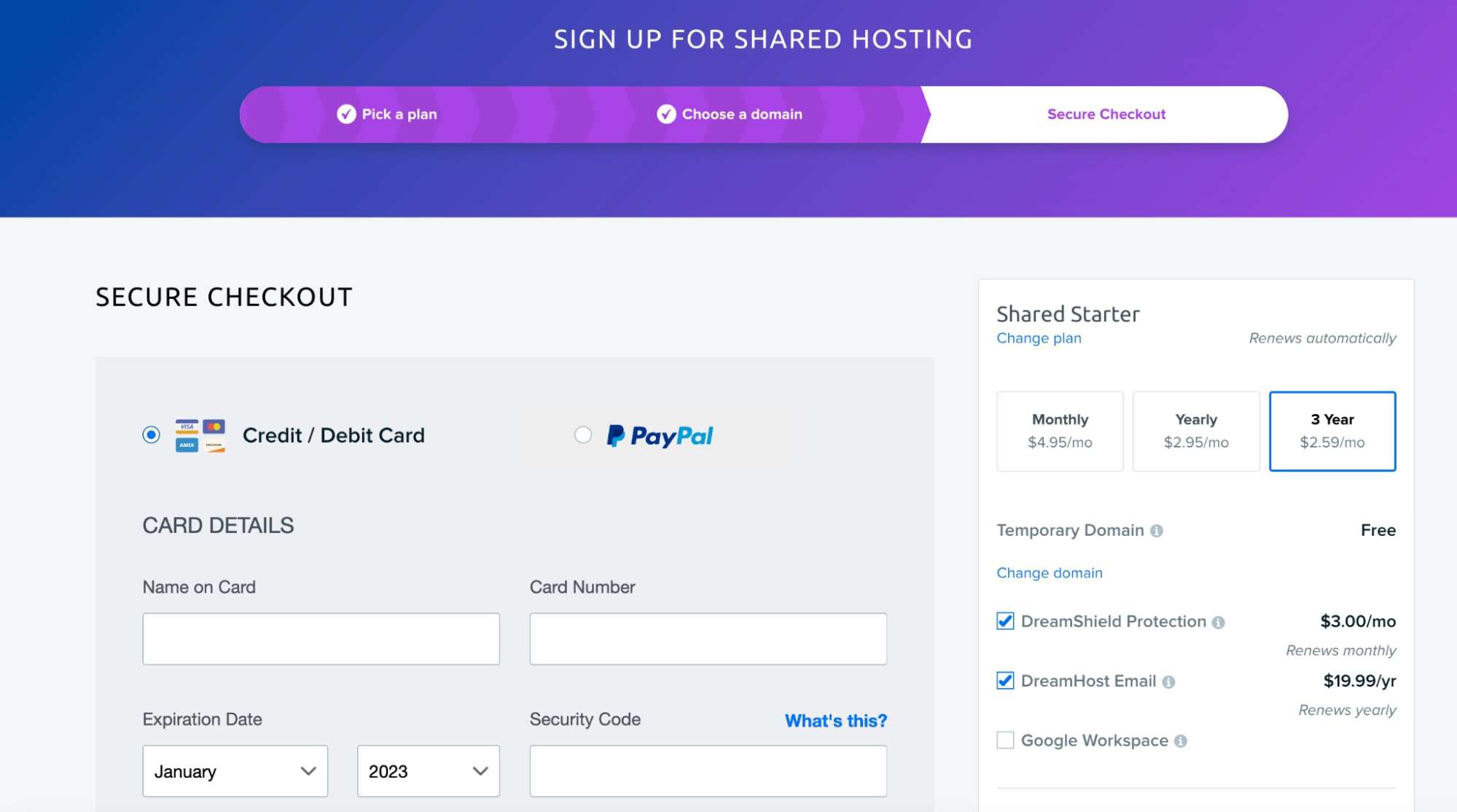 DreamHost accepts any major credit card or PayPal when you sign up.