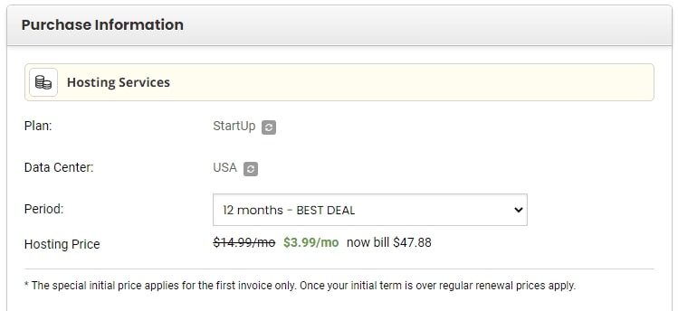 SiteGround’s 12-month deal for the StartUp plan.