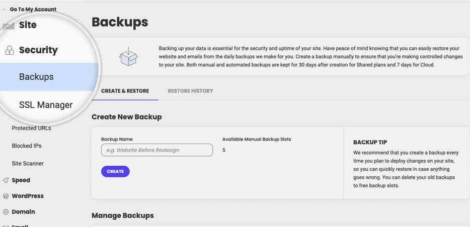 SiteGround’s Backup tool.