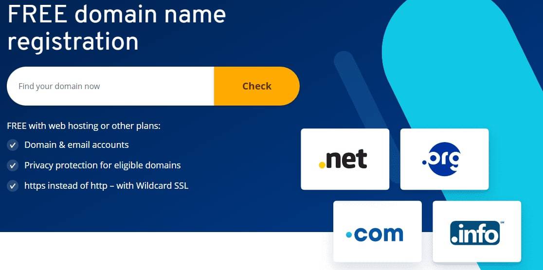 IONOS offers free domain registration and email accounts with its web hosting plans