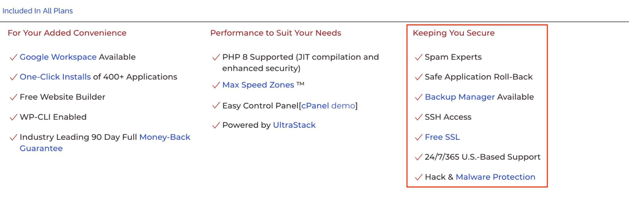 The safety features included with InMotion Hosting’s shared hosting plans.