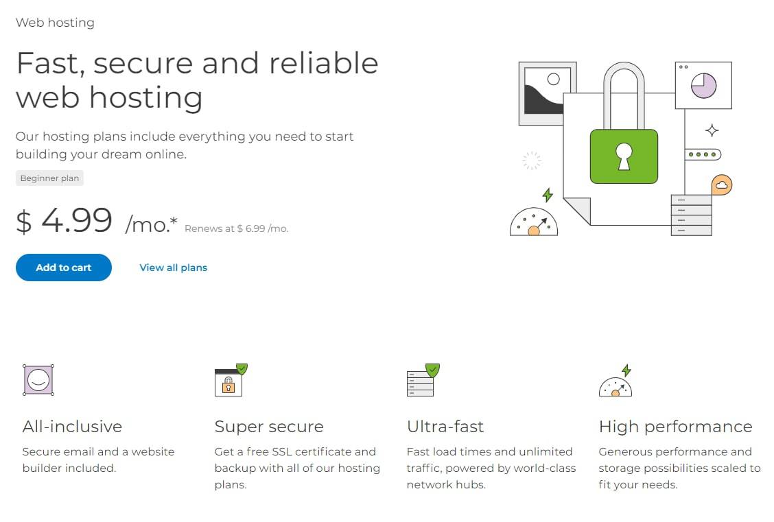 Features and price of one.com’s Beginner plan.