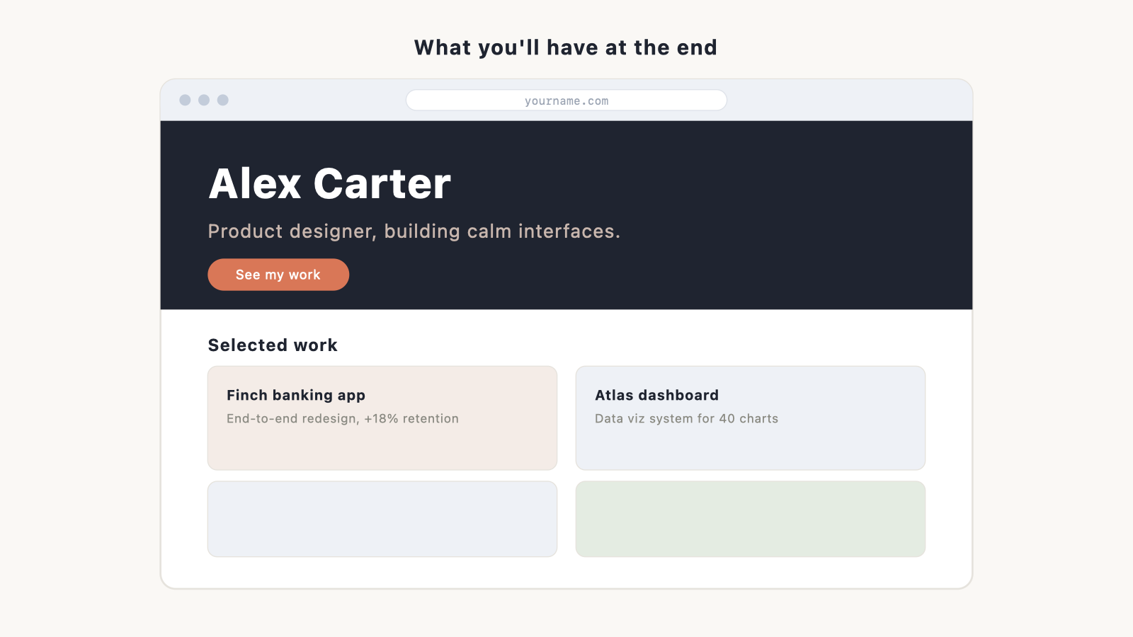 the finished portfolio you'll build, shown in a browser frame (dark hero with name, a projects grid, an about line).