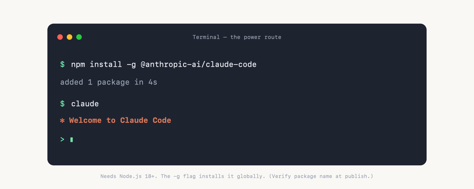 the npm install -g command, a success line, then running `claude`.