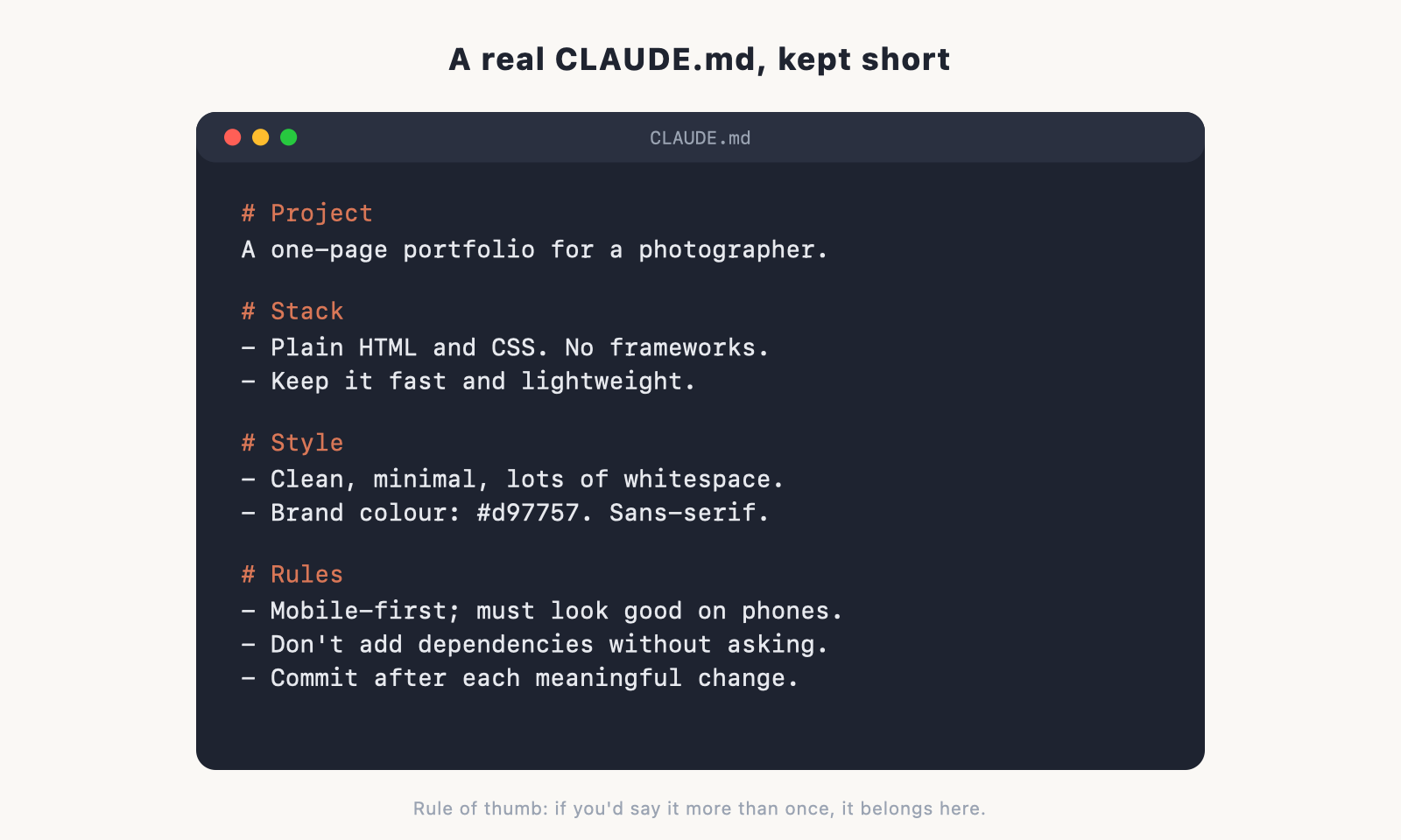A clean rendering of the example CLAUDE.md above as a tidy note/file card, so readers see the shape of a real one.