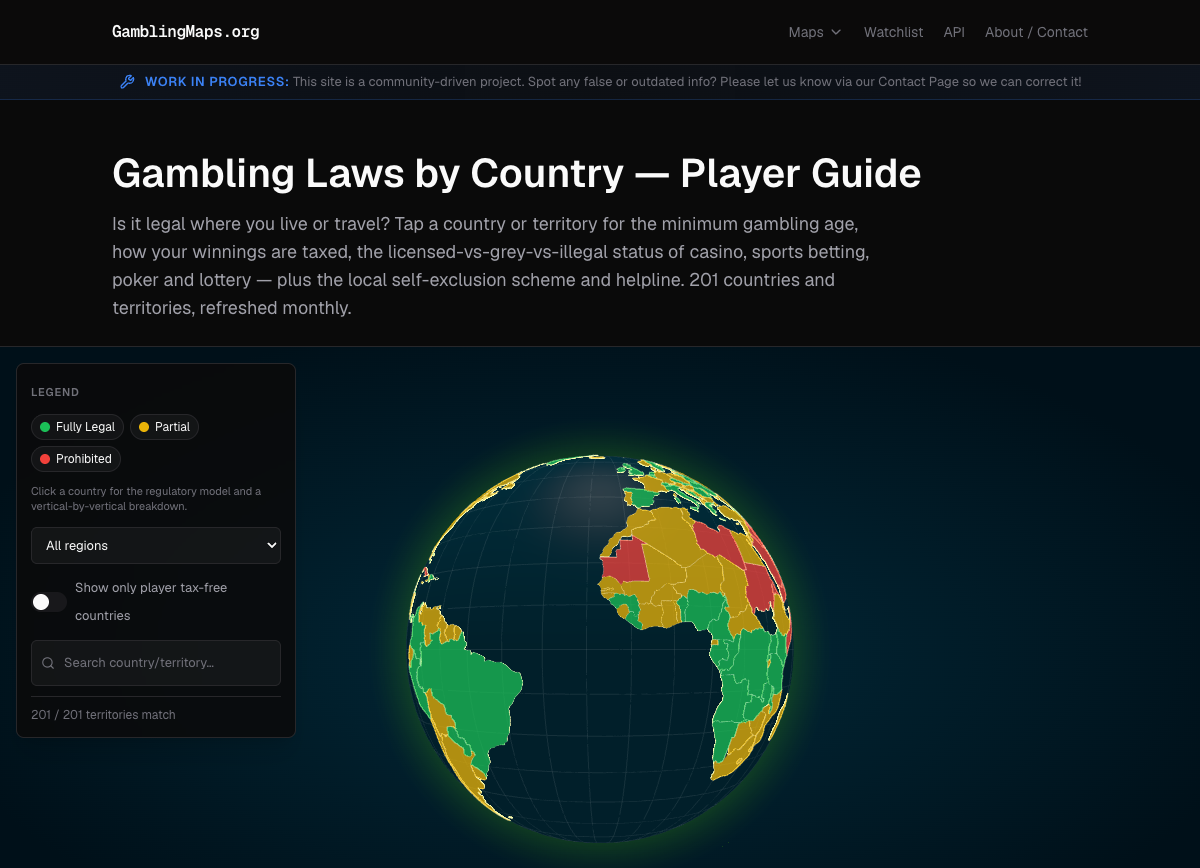 > 🖼 IMAGE (real screenshot, file 03) — The live interactive globe with its legend (Fully Legal / Partial / Prohibited) and region filters.