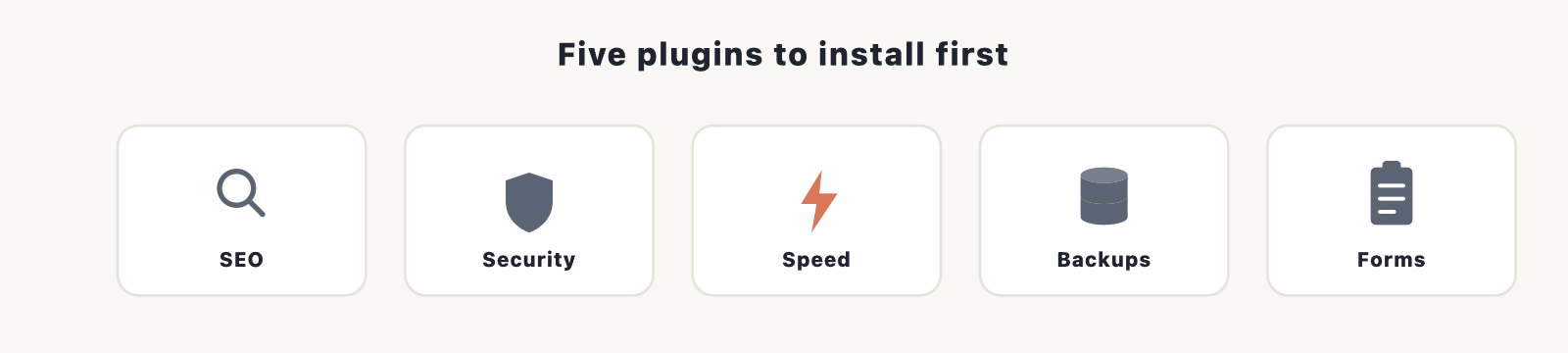 Five plugins to install first on a new WordPress site: SEO, security, speed, backups, and forms.