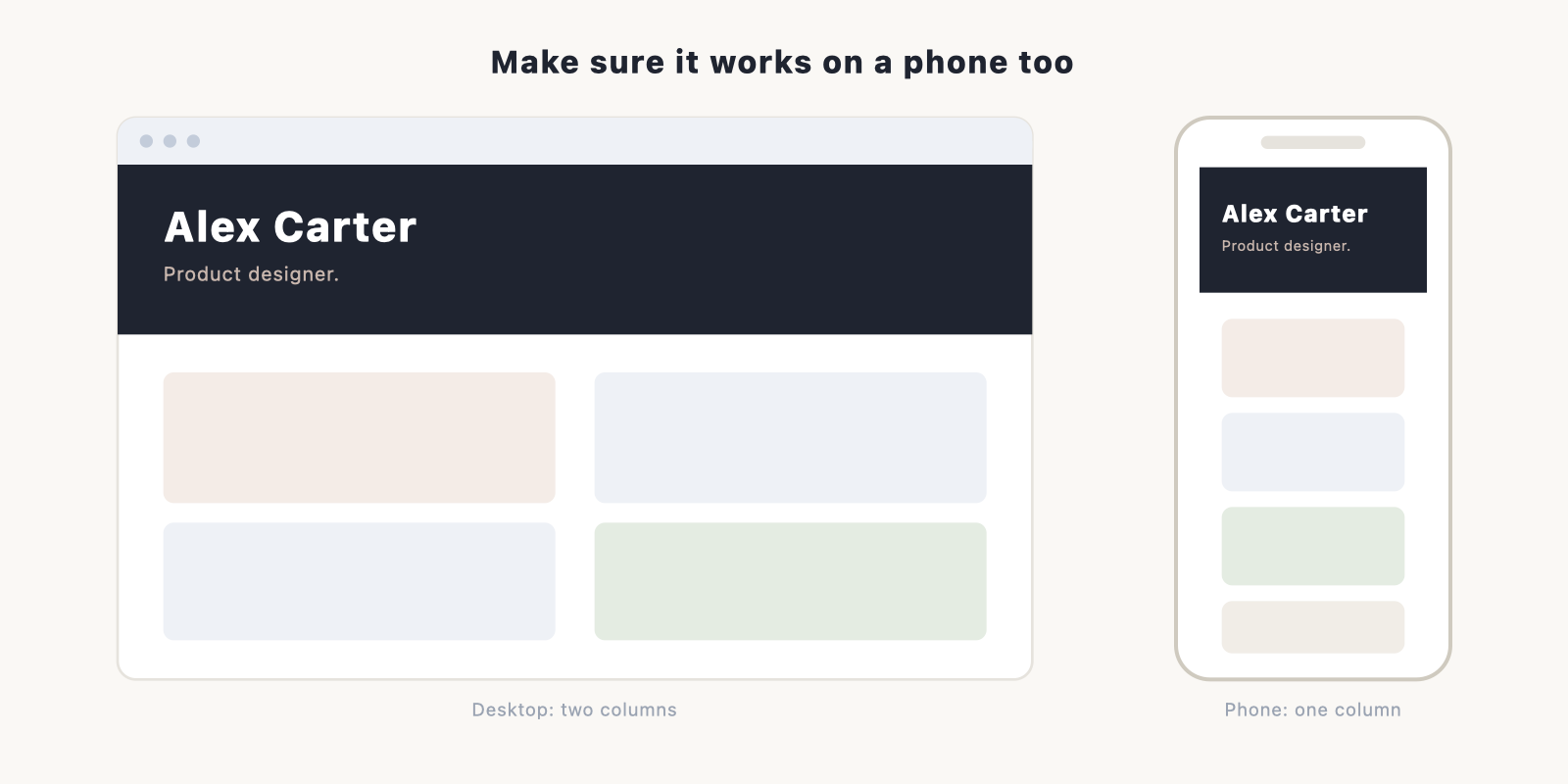 the same portfolio shown on a desktop frame and a phone frame side by side.