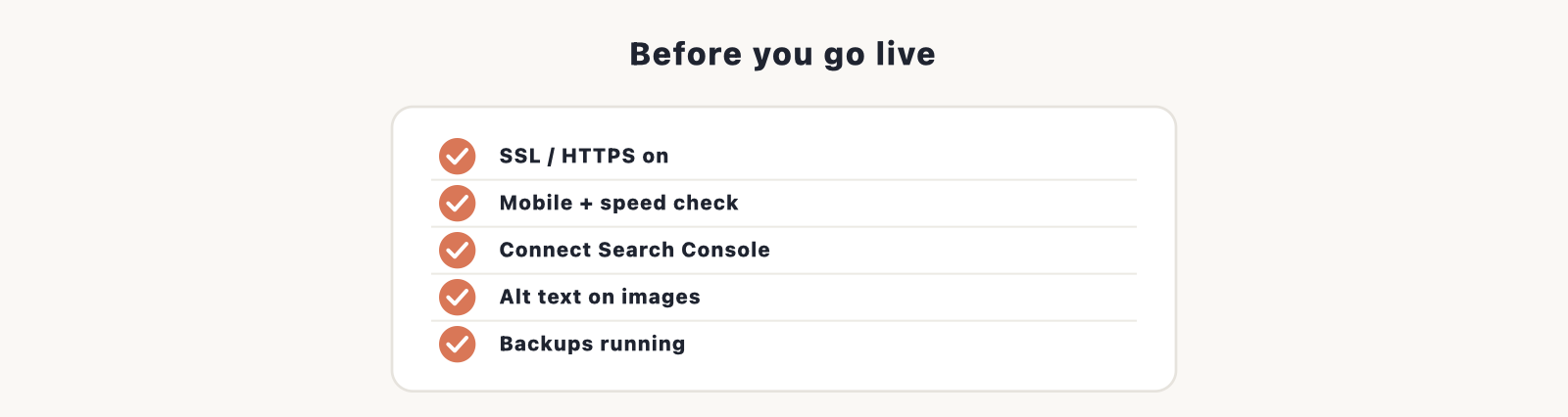 A WordPress launch checklist: confirm SSL and HTTPS, check mobile and speed, connect Search Console, add alt text to images, and make sure backups are running.