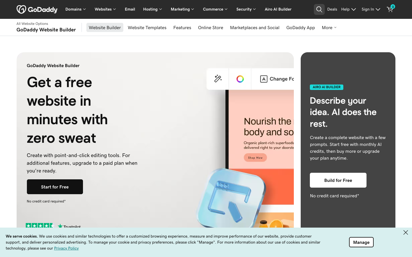 The GoDaddy Website Builder homepage in 2026.
