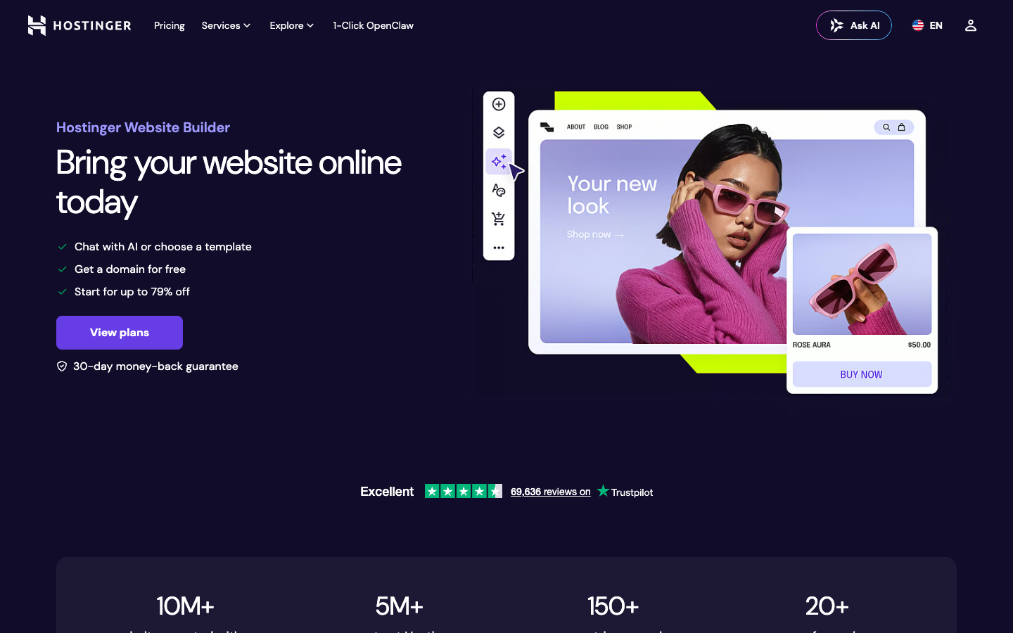 The Hostinger Website Builder homepage in 2026.