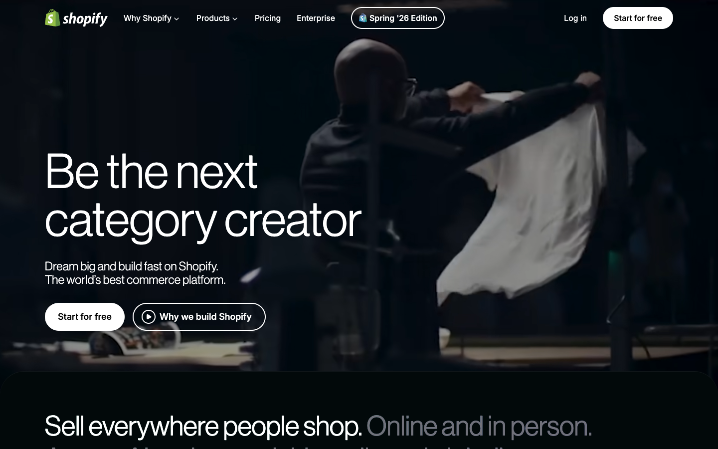 The Shopify homepage in 2026.
