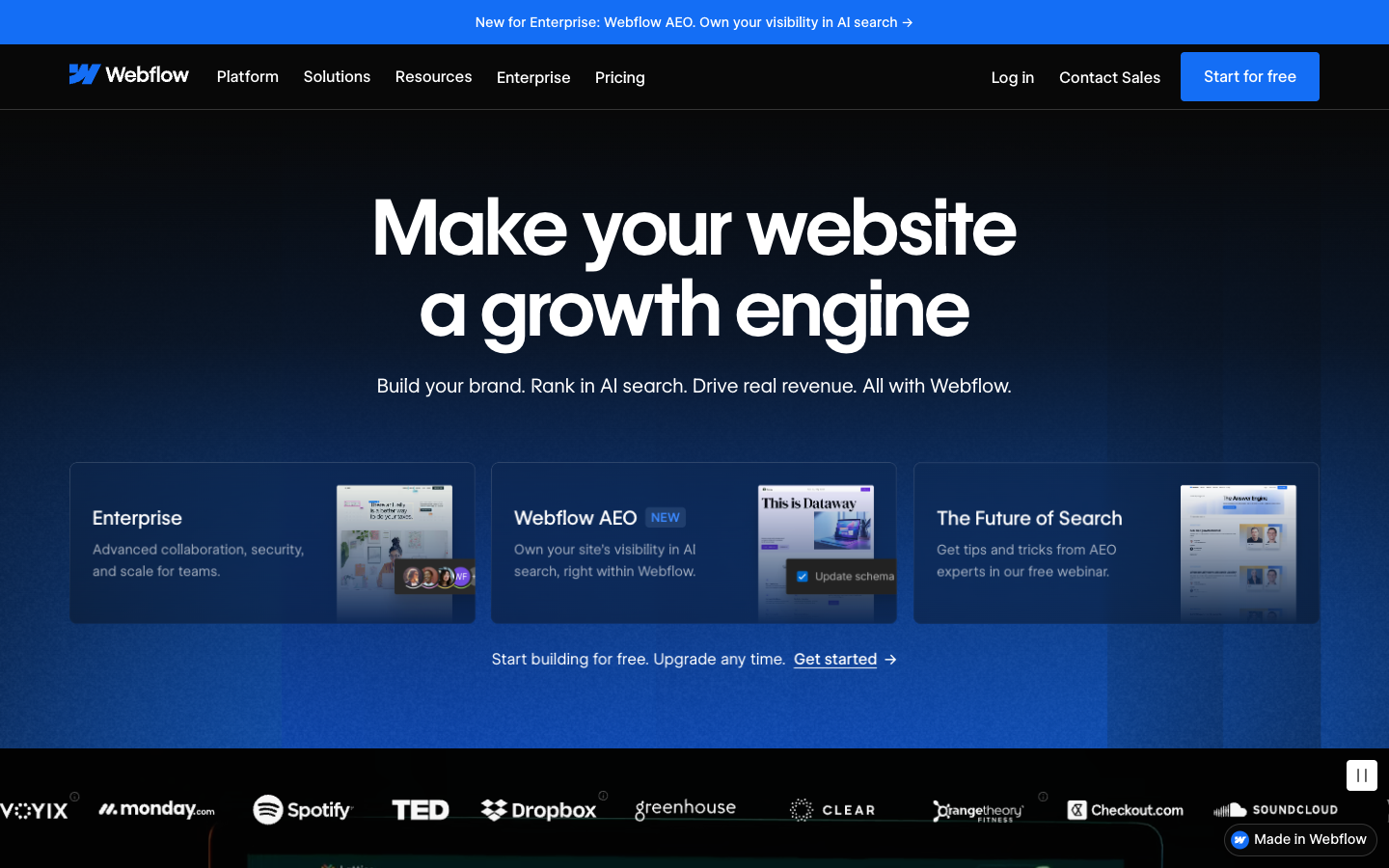 The Webflow homepage in 2026.