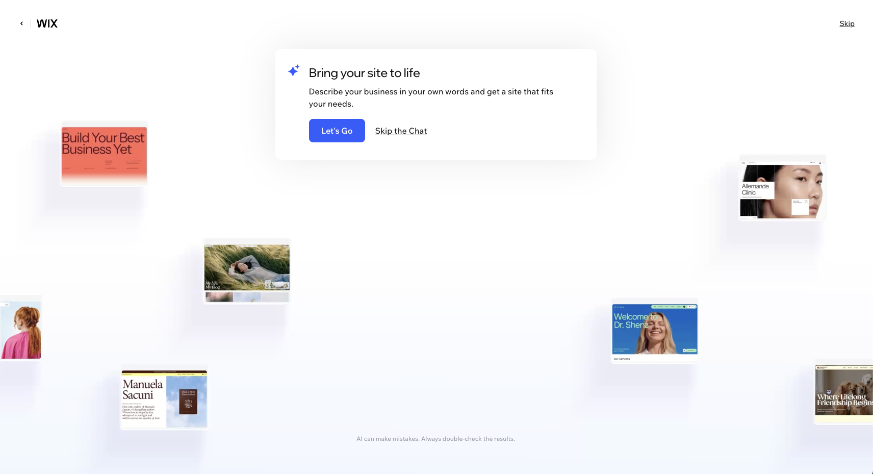 Wix AI website builder intro screen