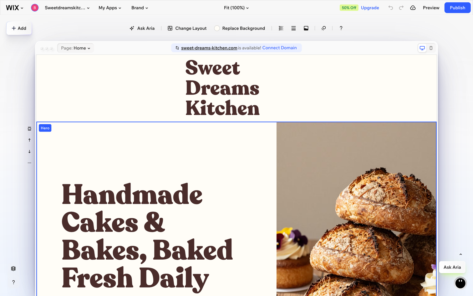 The Wix editor showing the finished bakery homepage