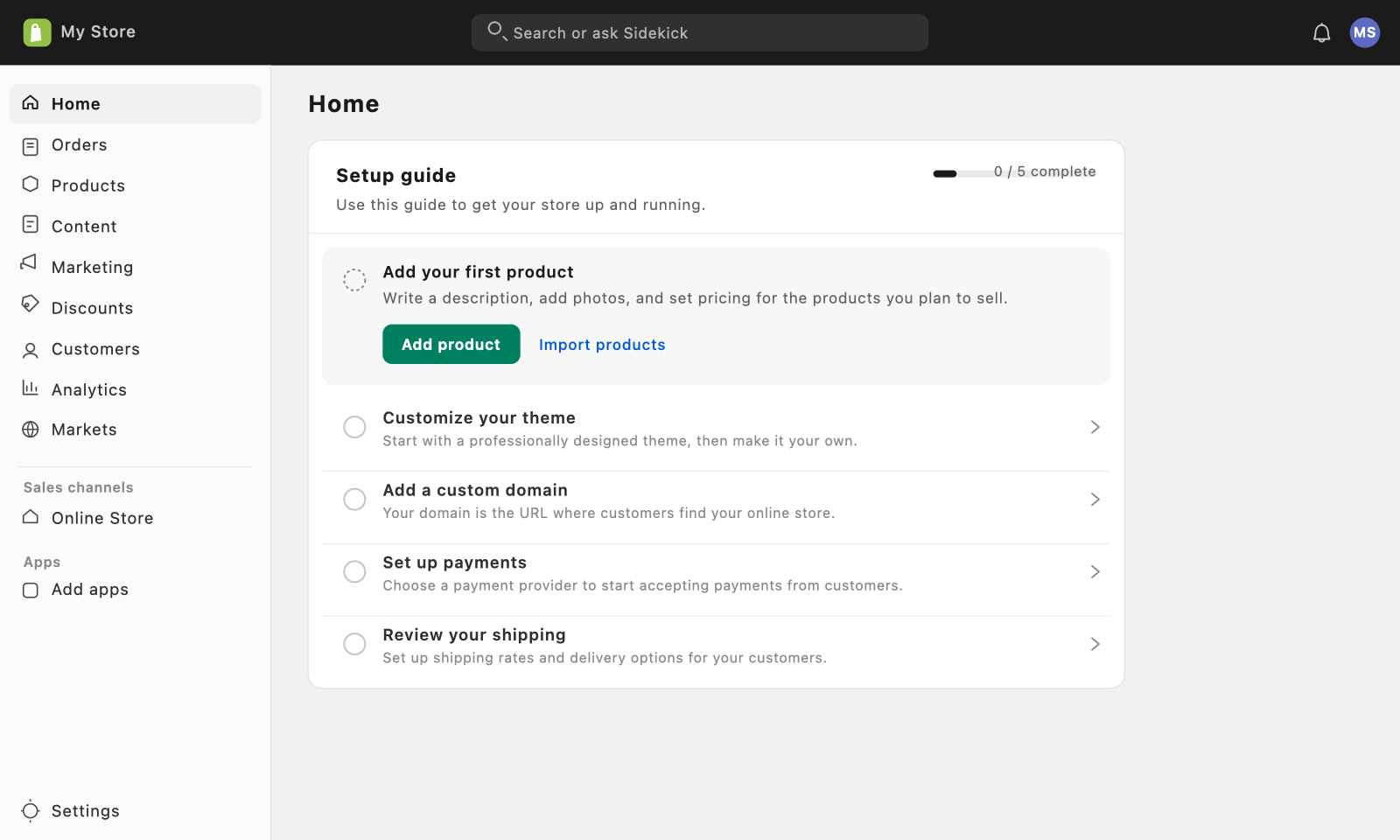 The Shopify admin dashboard with the setup guide checklist.