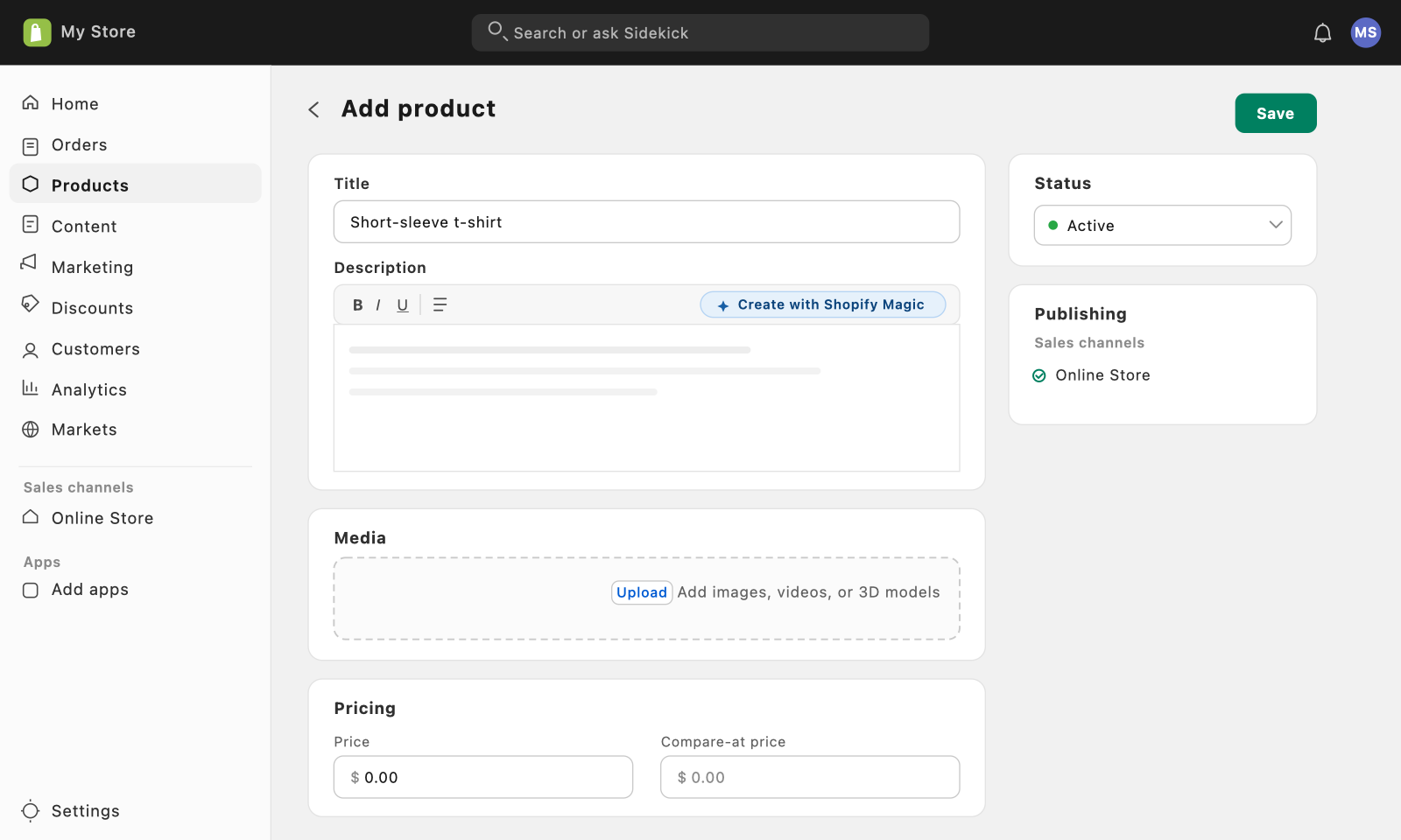 Adding a product in Shopify, including the Shopify Magic AI button that drafts the description.