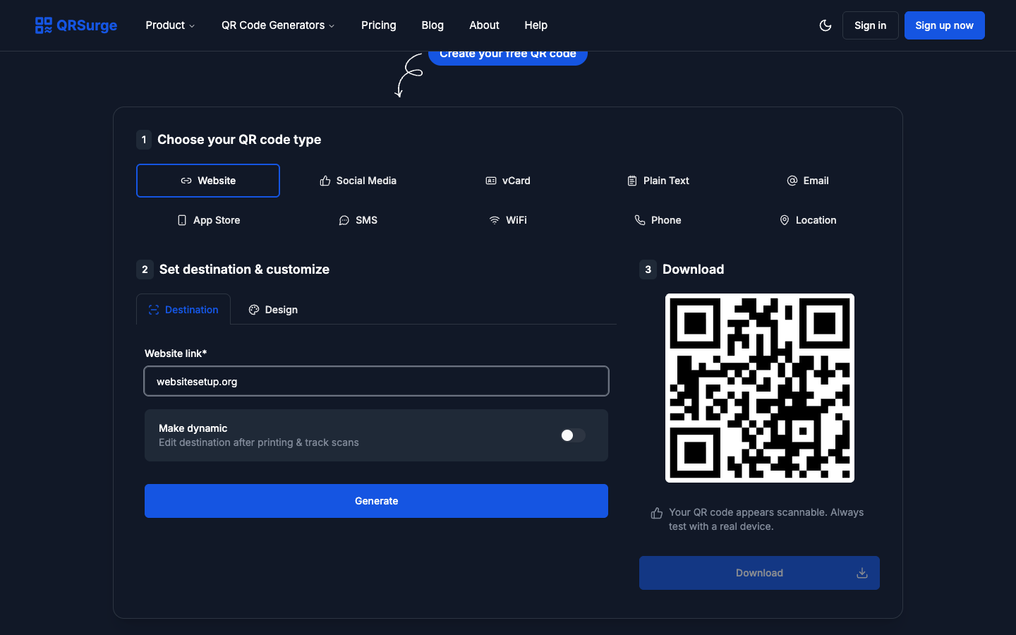 Entering a website URL in QRSurge with the Make dynamic toggle switched off for a free static QR code