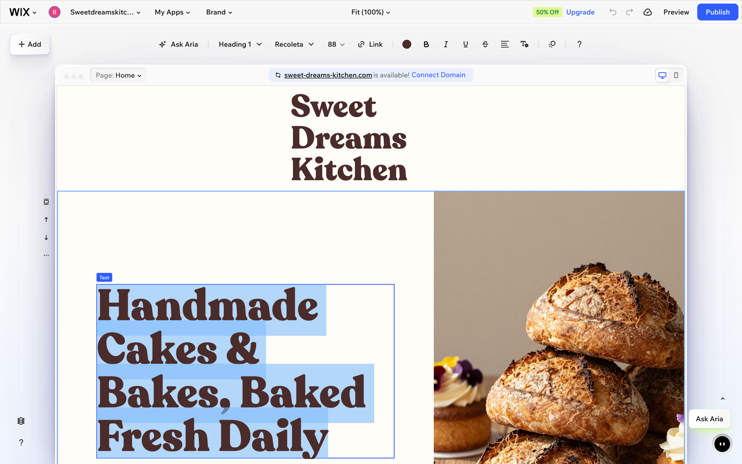Editing the hero headline in the Wix editor