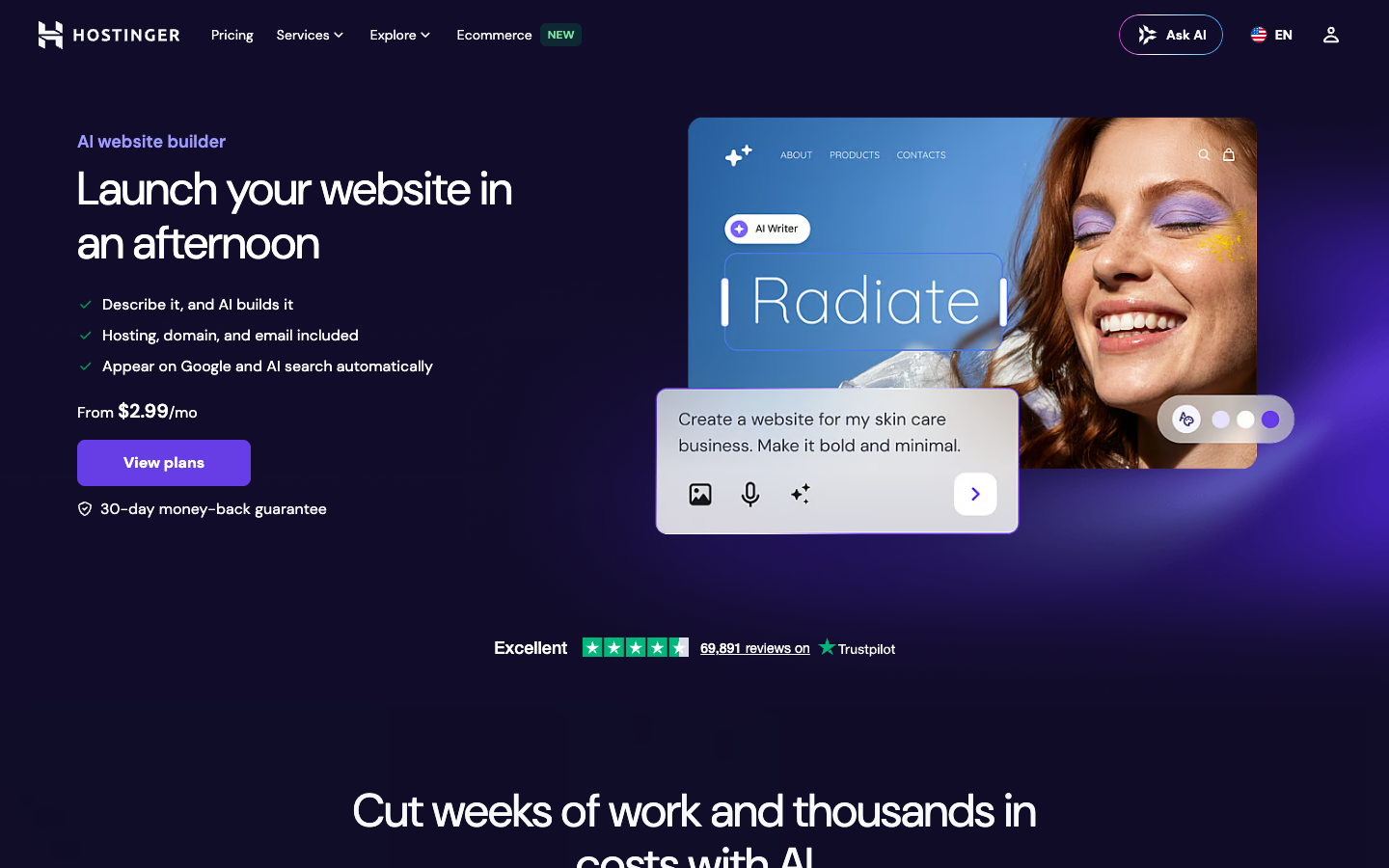 Hostinger AI website builder homepage
