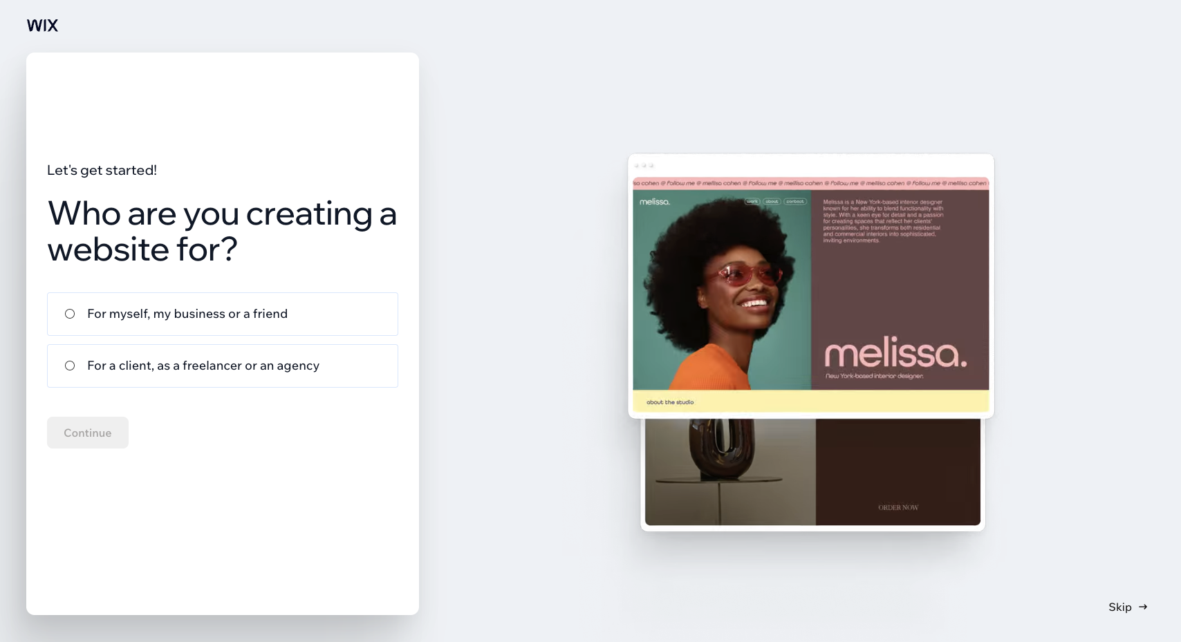 Wix asking who you are building the website for
