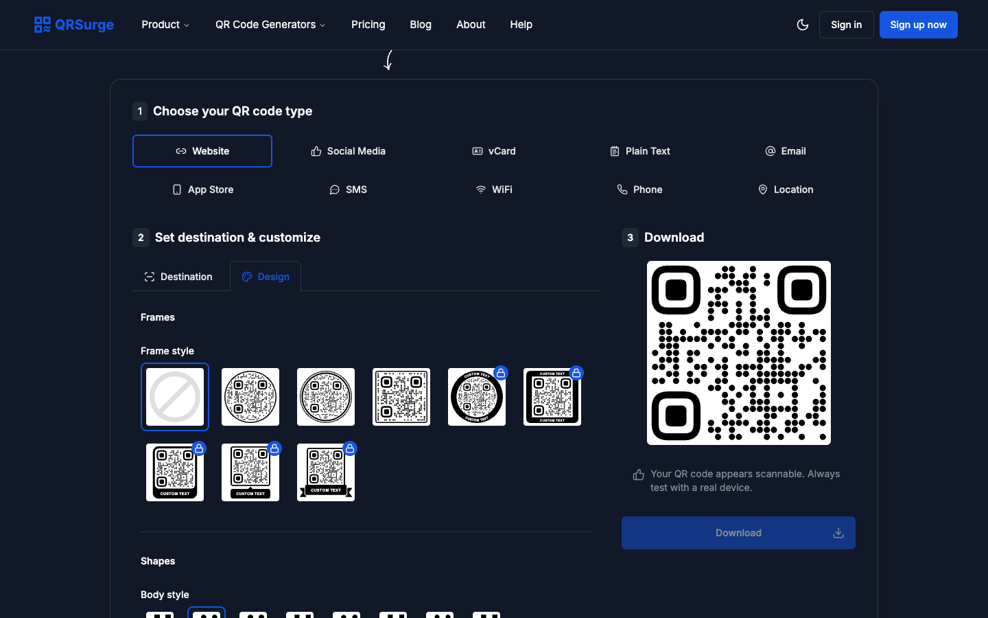 Customizing the QR code design in QRSurge with frames, dot shapes, colors and a logo