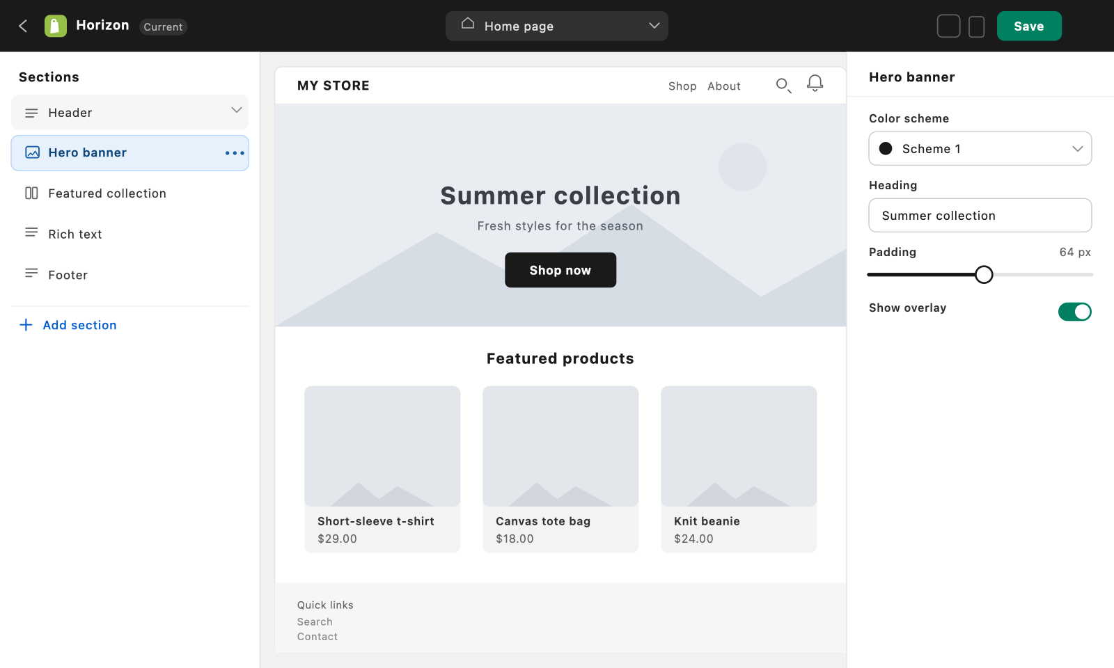 Customizing a store in the Shopify theme editor, with sections on the left and a live preview.