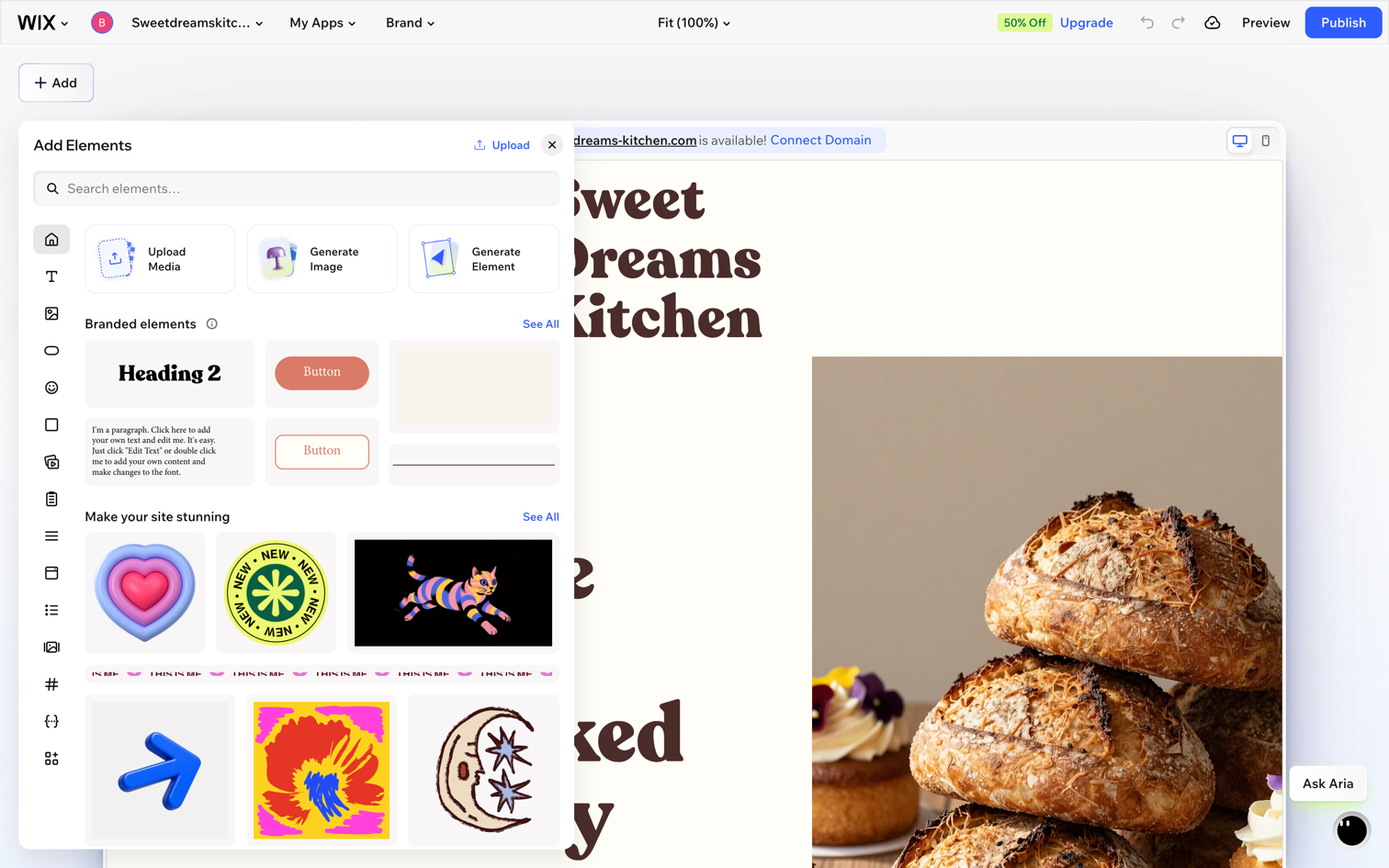The Add Elements panel over the finished Wix homepage