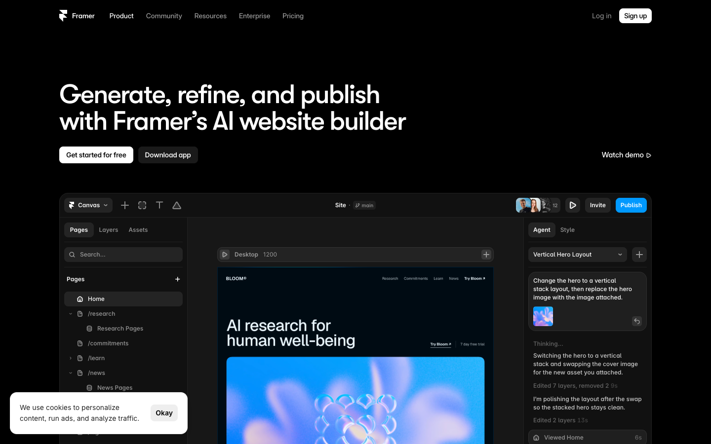 Framer AI website builder homepage