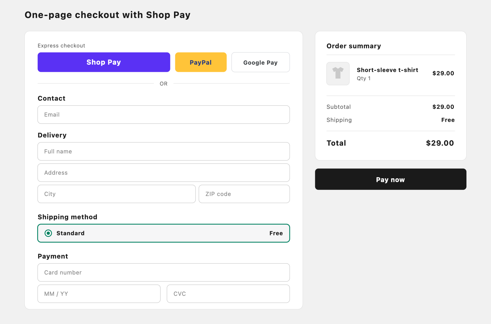 Shopify's one-page checkout with Shop Pay, PayPal, and Google Pay express options.