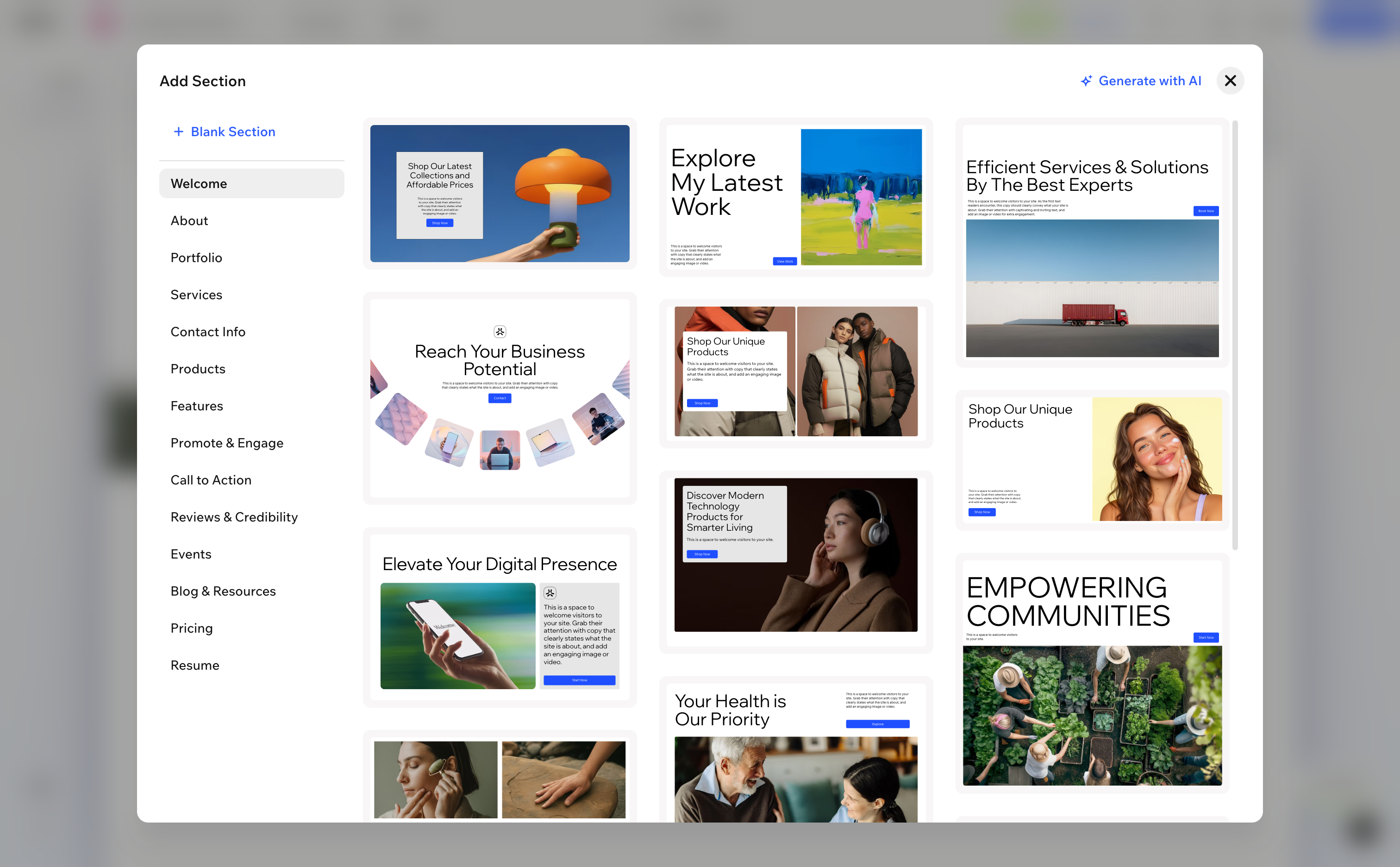 Adding a ready-made section in the Wix editor