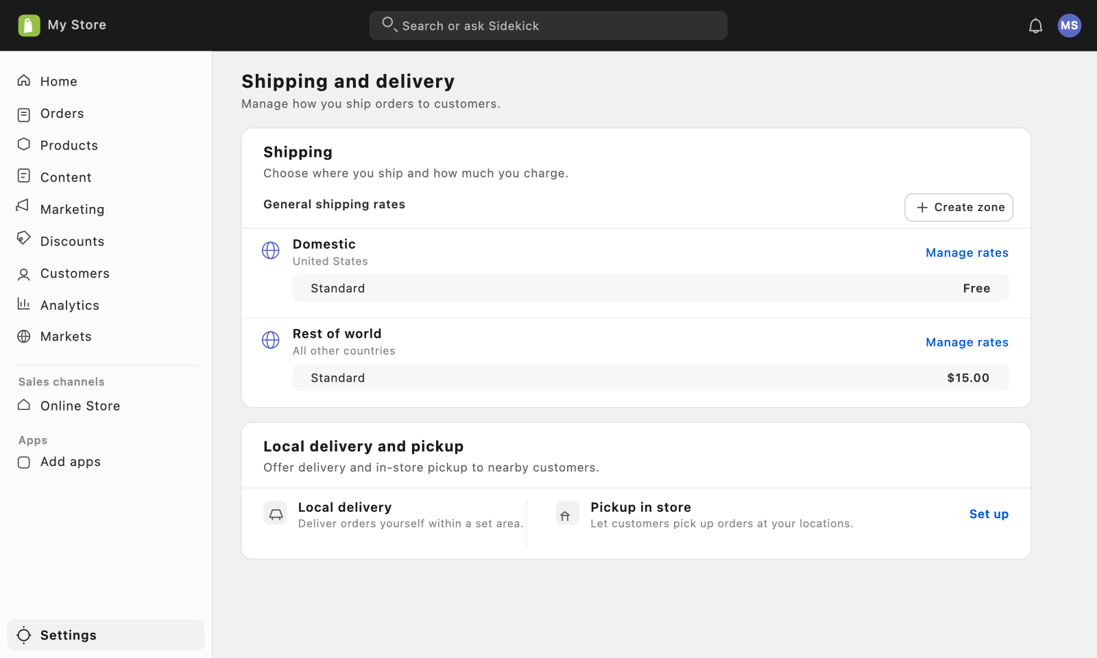 Setting up shipping zones and rates in the Shopify admin.