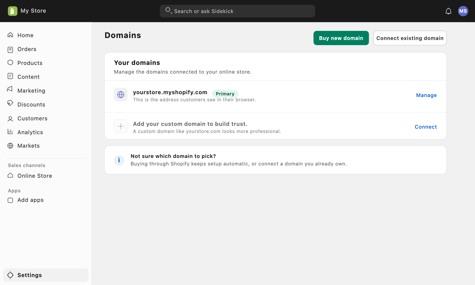 Adding a custom domain to a Shopify store.