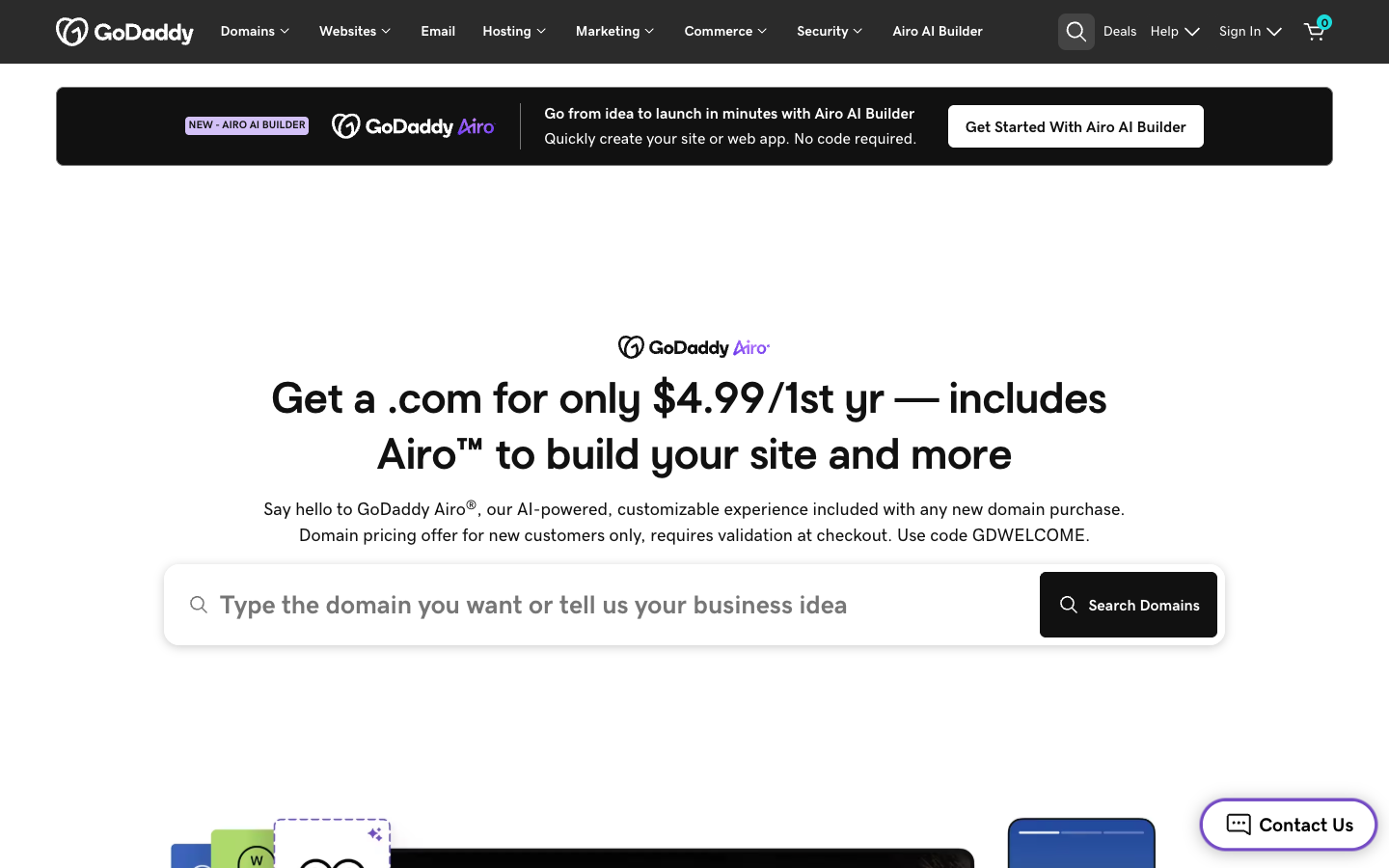 GoDaddy Airo AI website builder homepage