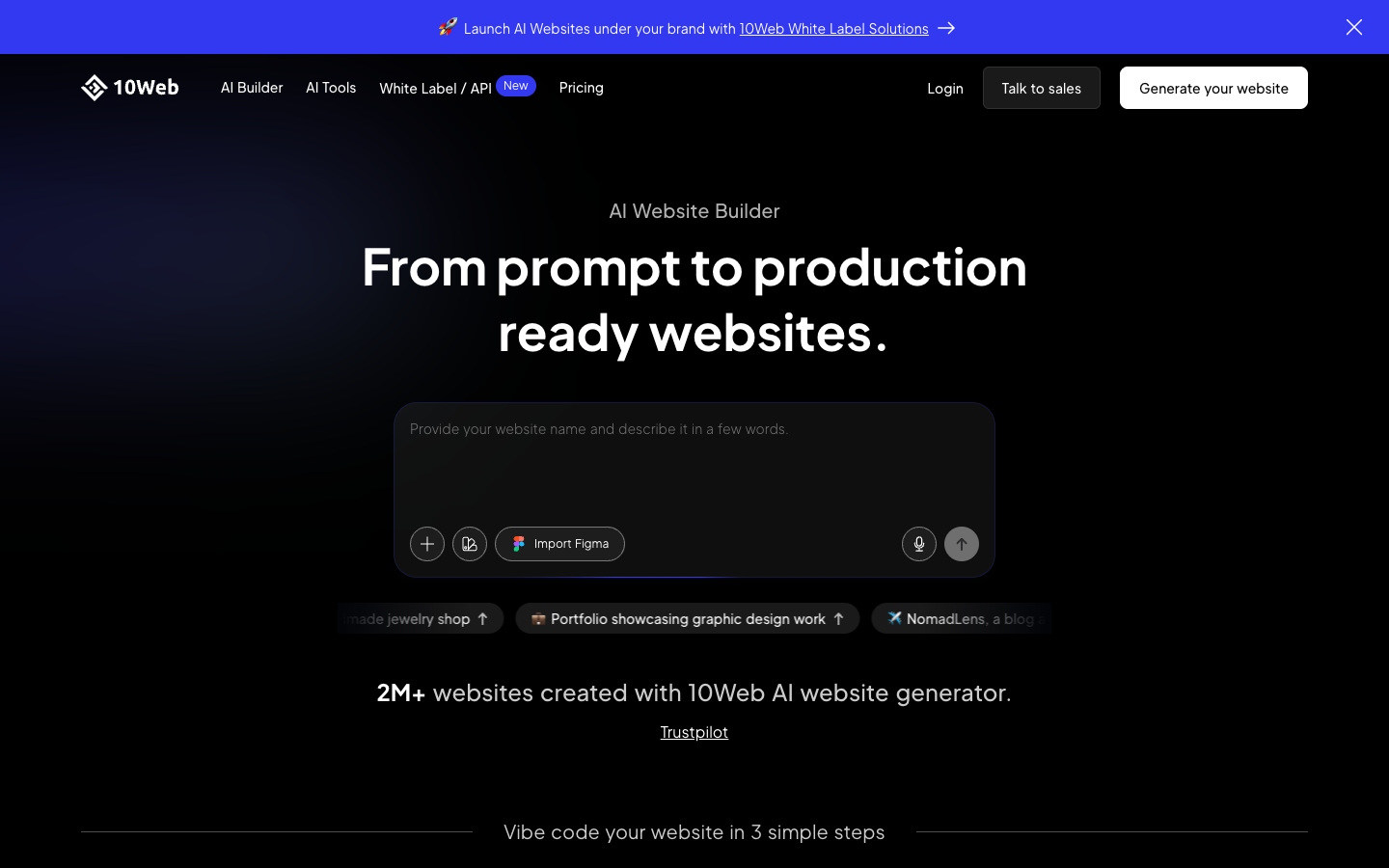 10Web AI website builder homepage for AI-generated WordPress sites