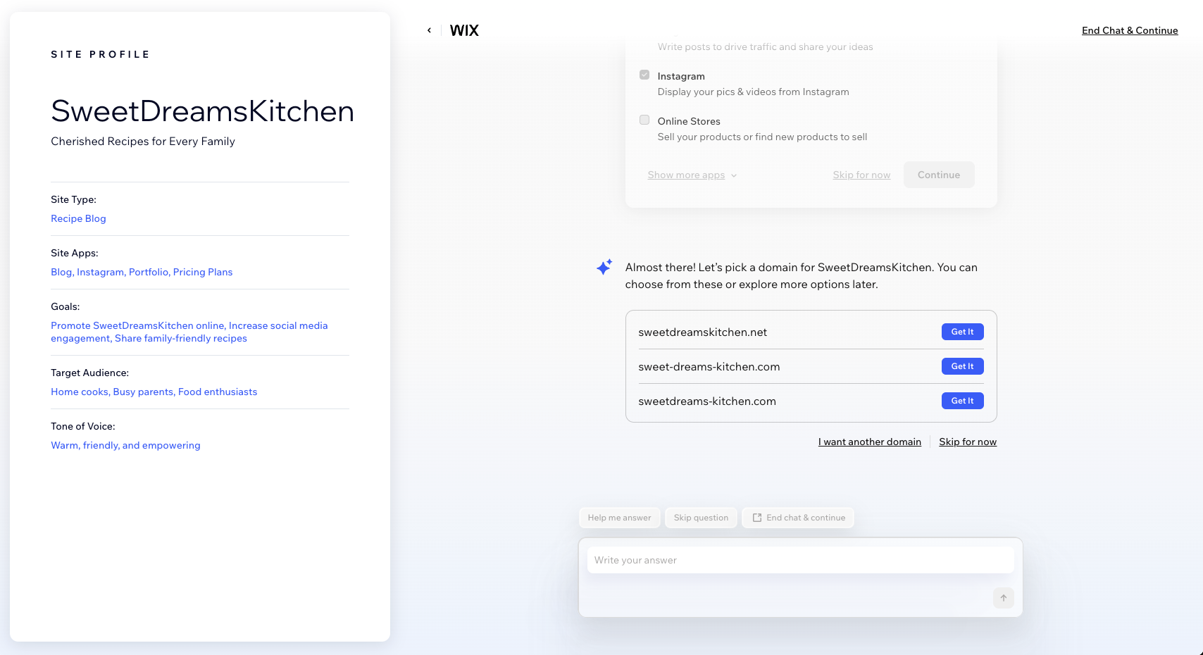 Choosing a domain in Wix onboarding