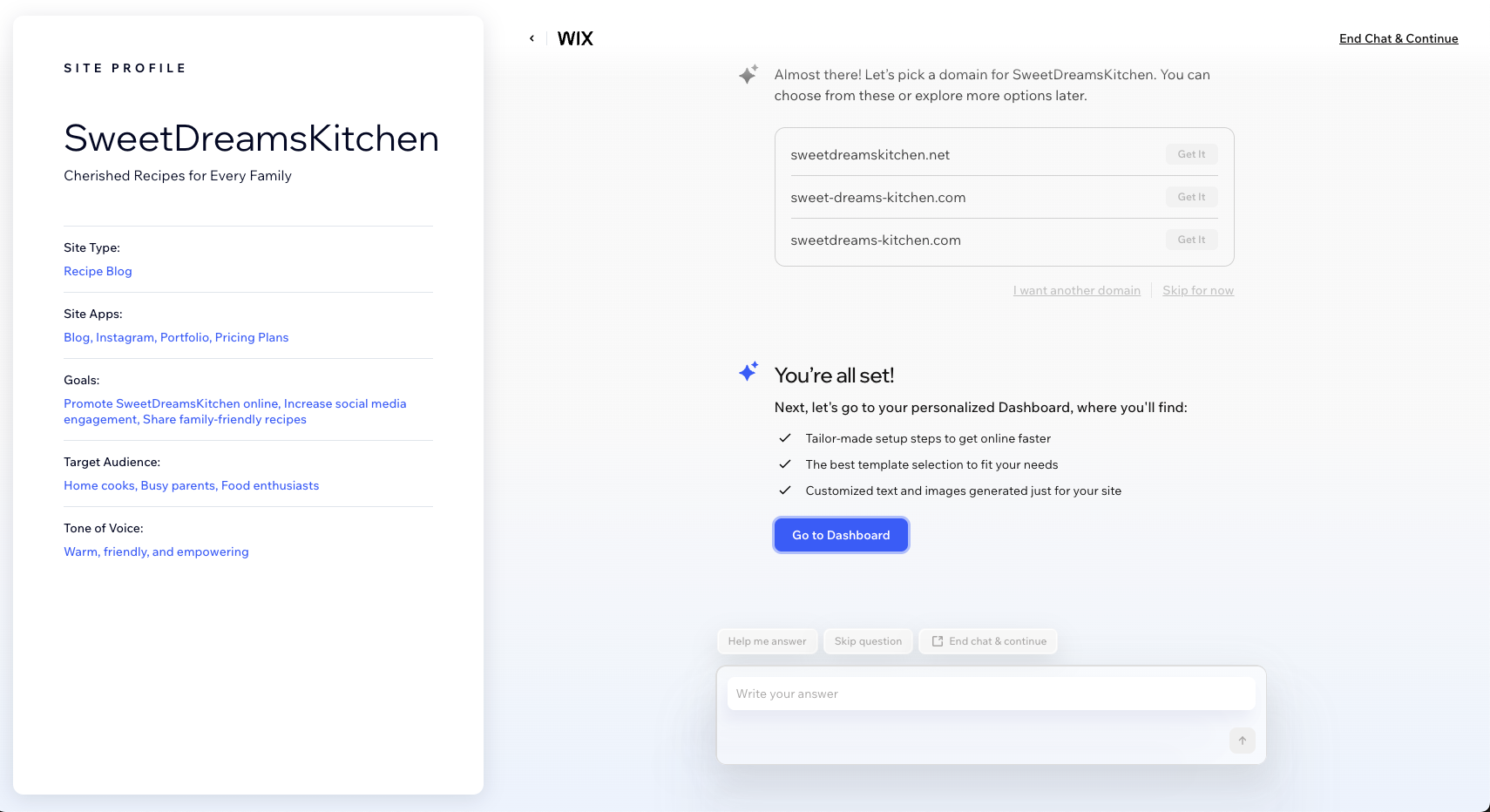Wix onboarding complete, go to dashboard