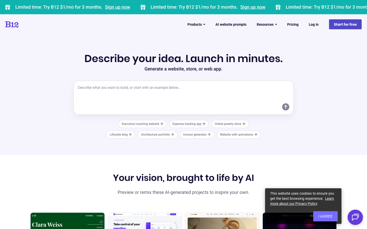 B12 AI website builder homepage: describe your idea, launch in minutes