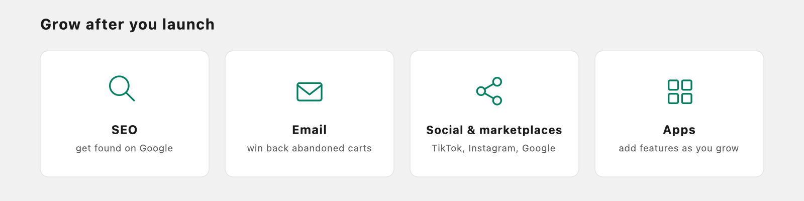 Ways to grow a Shopify store after launch: SEO, email and abandoned-cart recovery, social and marketplaces, and apps.