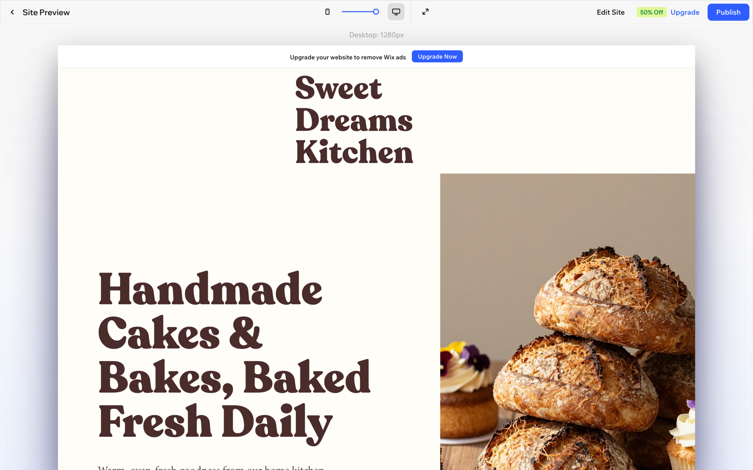 Previewing the finished bakery site as a visitor
