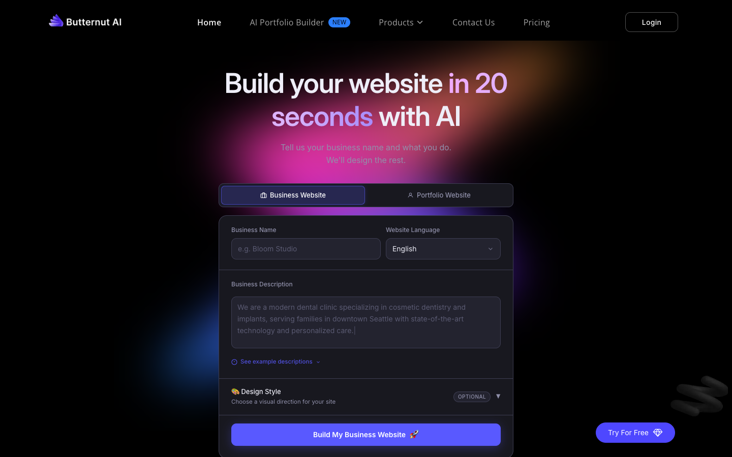 Butternut AI free website builder homepage