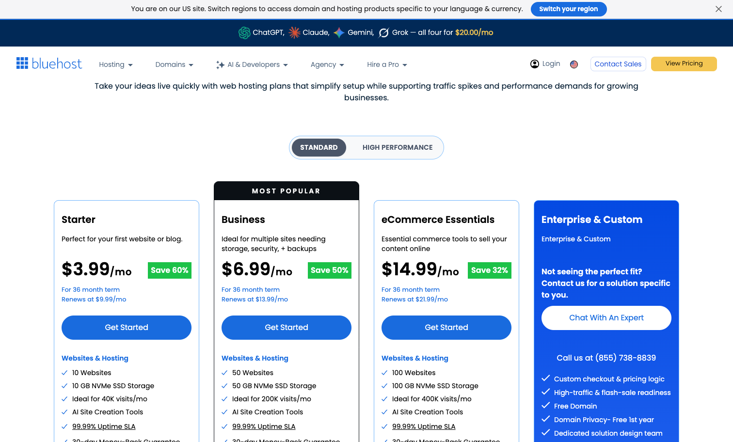 Bluehost hosting plans and pricing