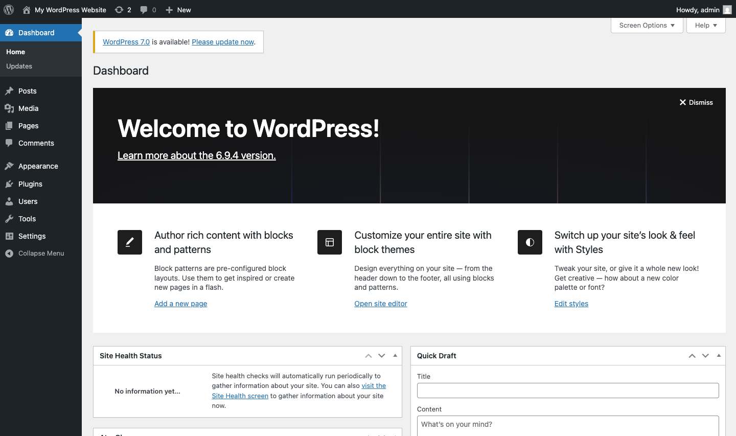 The WordPress dashboard, the admin area where you manage your whole site