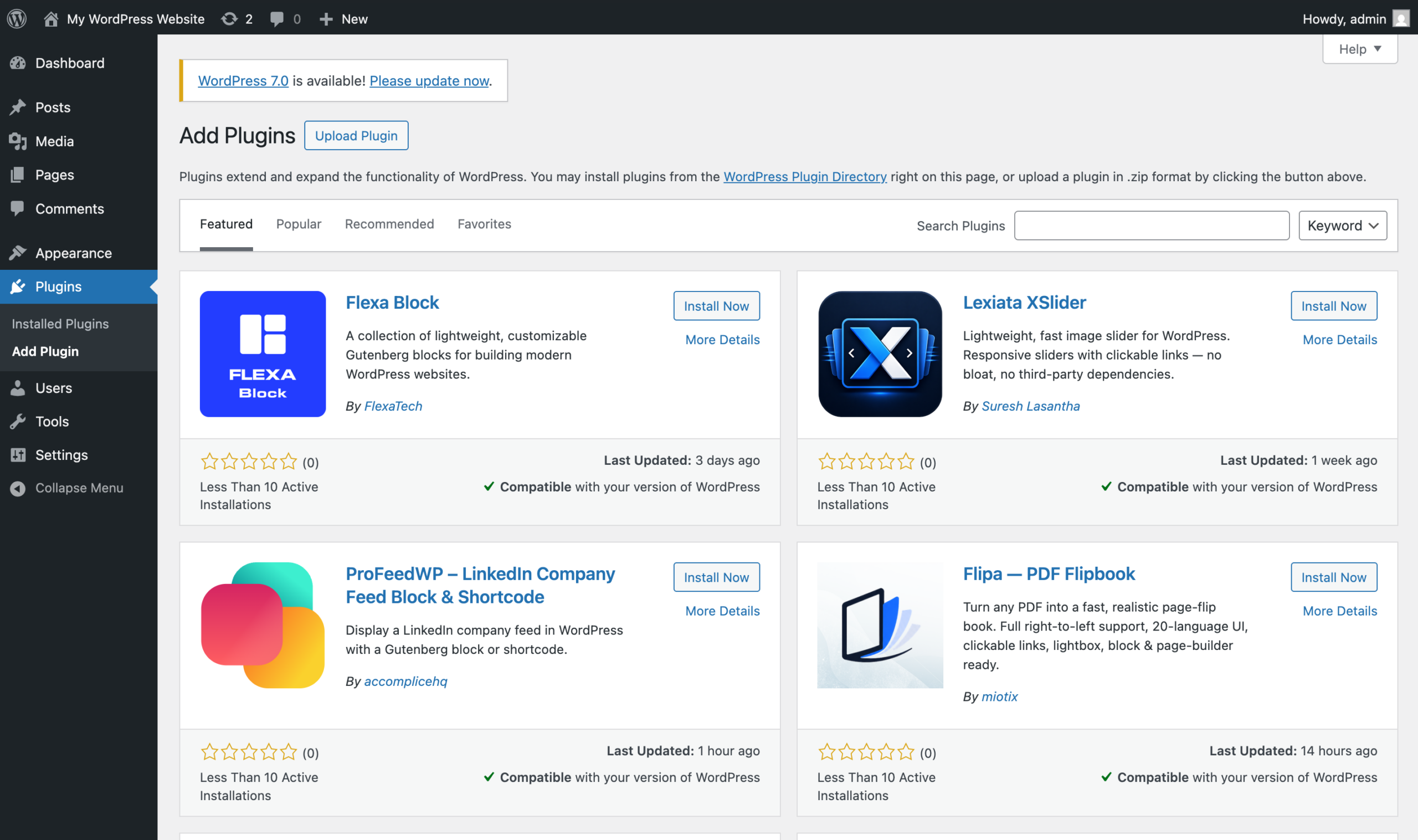 The Add Plugins screen in WordPress, where you search for and install plugins