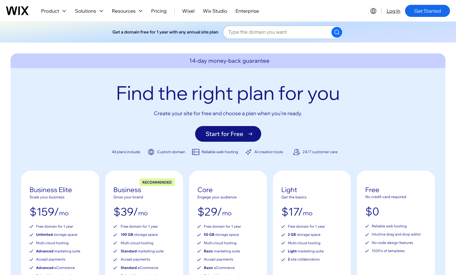 Wix premium pricing plans for 2026