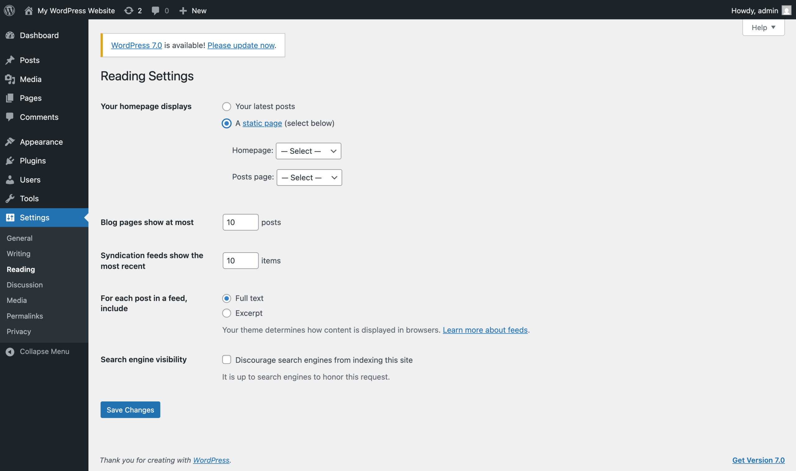 Choosing a static homepage in the WordPress Reading settings
