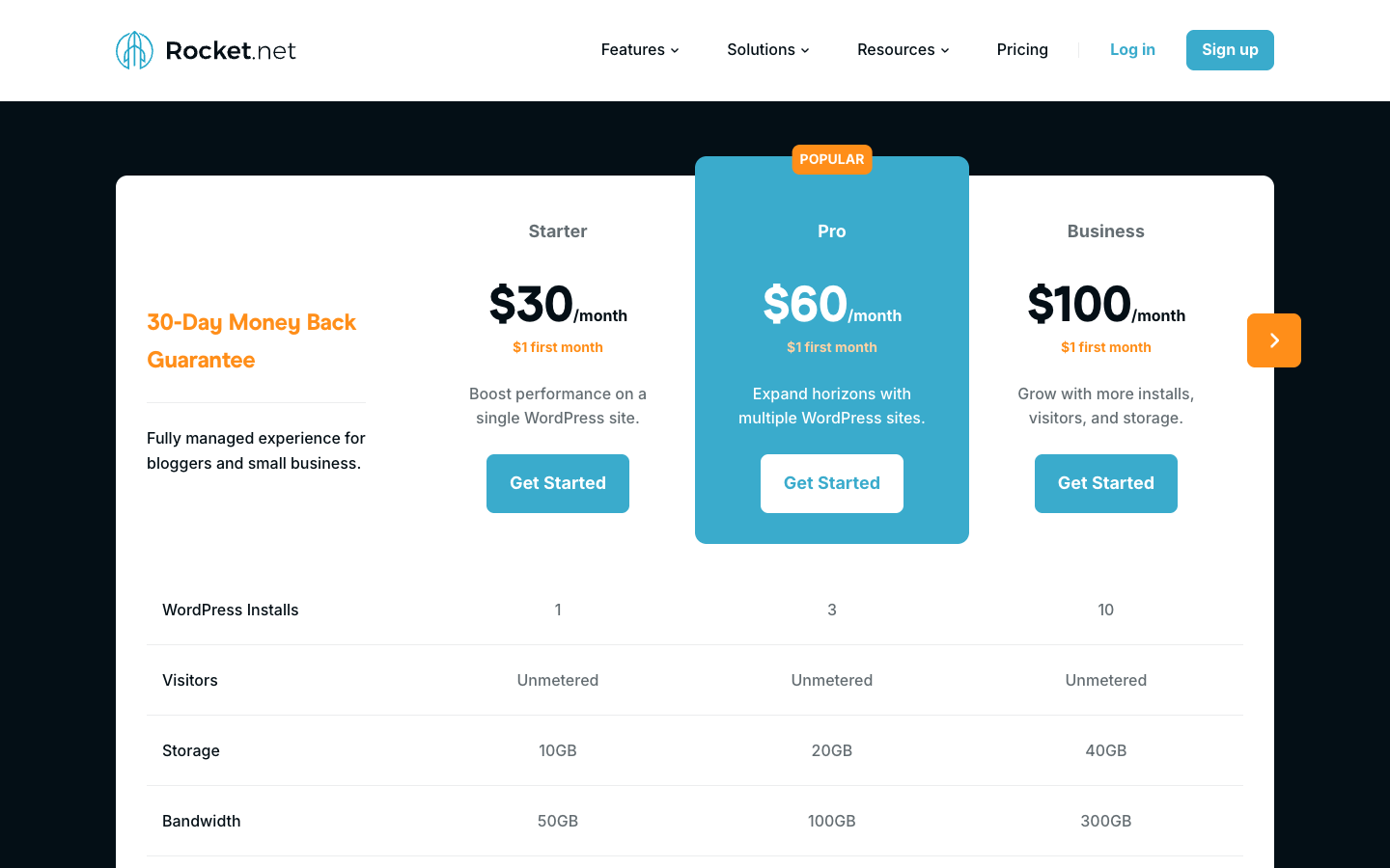 Rocket.net WordPress hosting plans and pricing