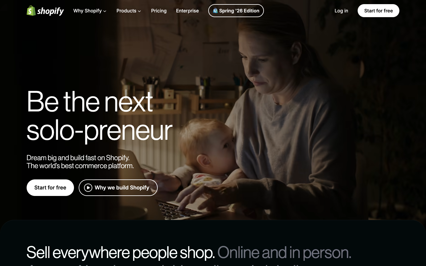 The Shopify homepage, where you start your free trial in 2026.