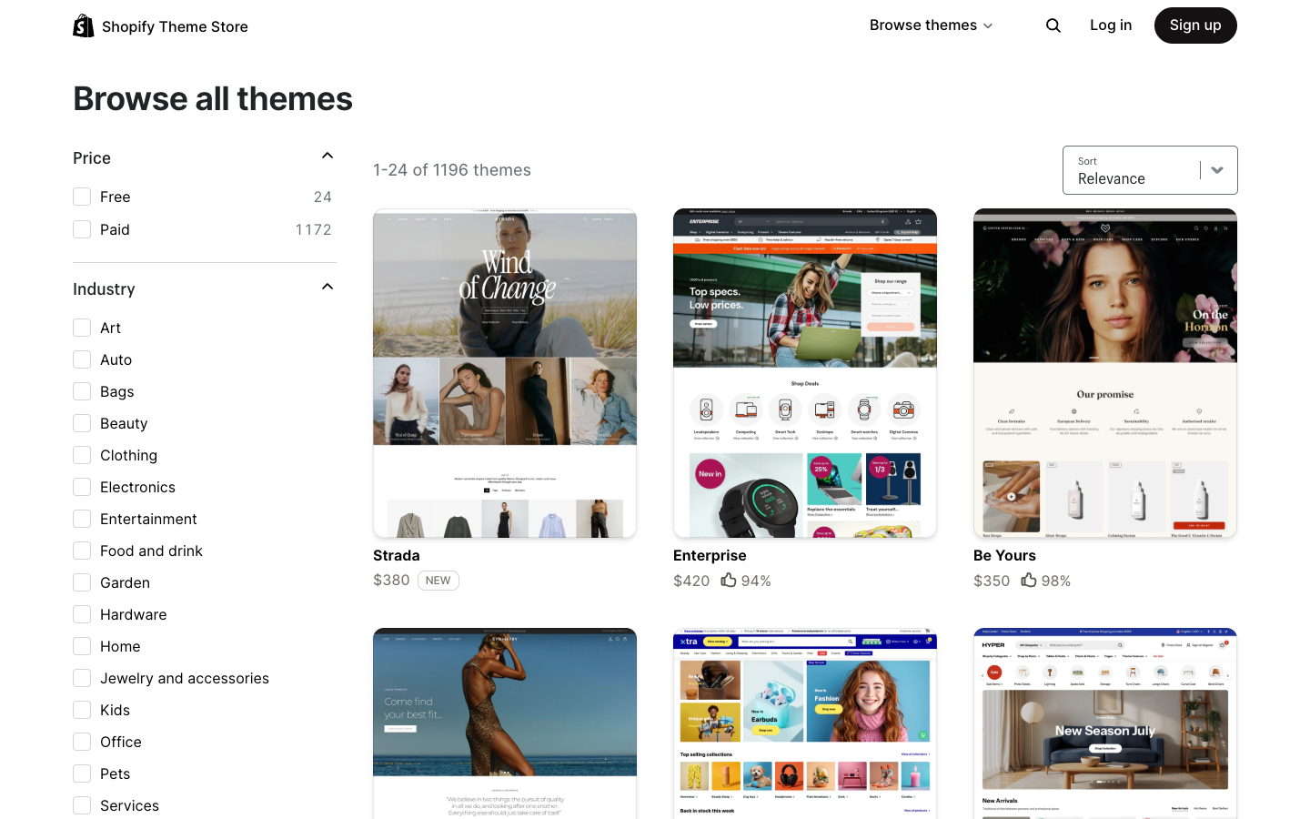 The Shopify Theme Store in 2026, showing 24 free and over 1,000 paid themes.