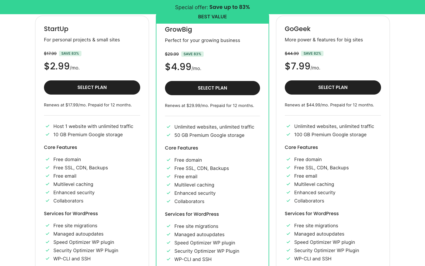 SiteGround managed WordPress hosting plans and pricing